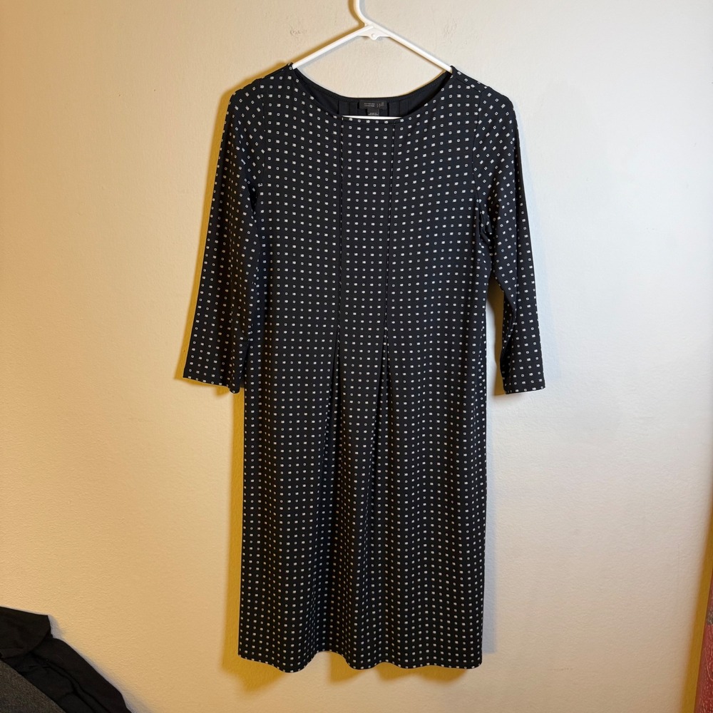 J. Jill Wearever Black Geometric Print Pintuck Shift Dress XS 3/4 Sleeve‎ Knit